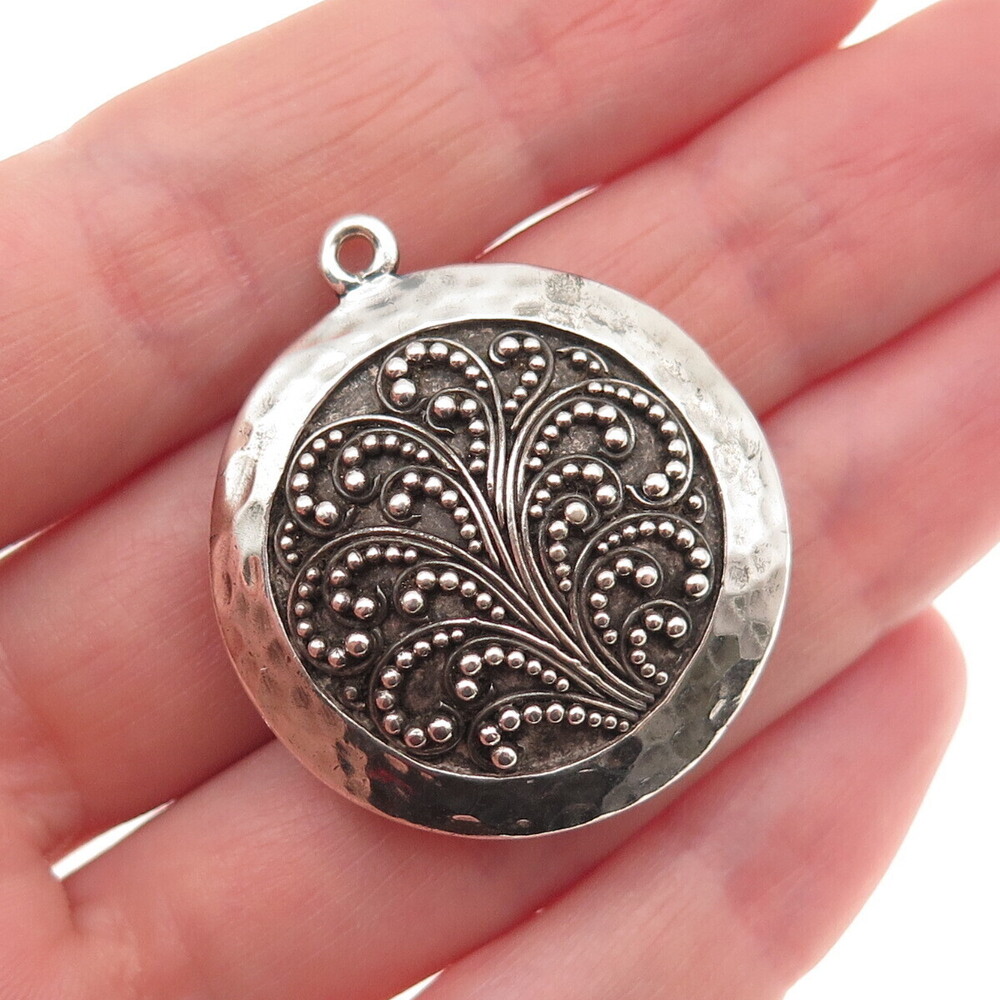 925 Sterling Silver Vintage Granulated Scroll Hammered Oxidized Charm Pendant